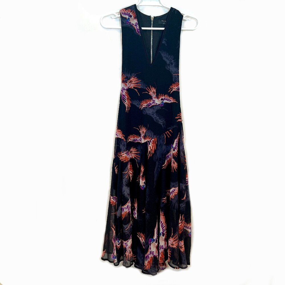 NWT Religion London Bird Swoop Print Drop Waist V Neck Silky Maxi Dress Size XS